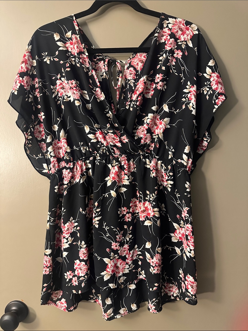 torrid Black Floral V-Neck Tie-Back Tunic with Pink & Cream Blossoms